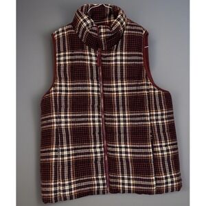 Women's Entro Plaid  Flannel Vest Size Large L Maroon Black Gold Zip Front
